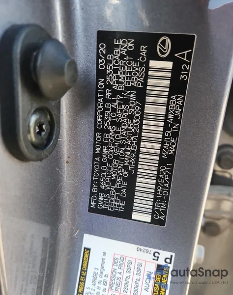 2020 Lexus Ux 250H из США, поврежденный, VIN JTHX9JBH7L2030097